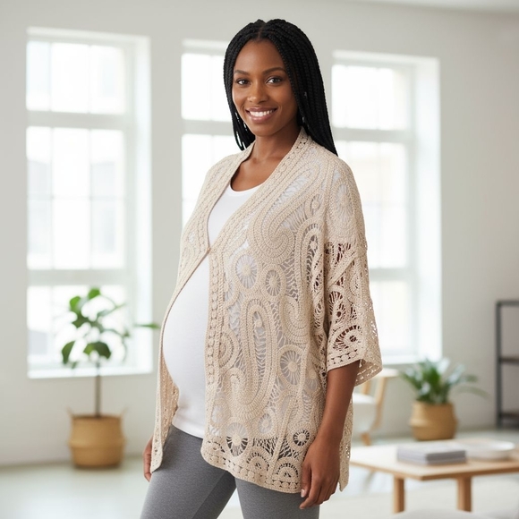 Boho Crochet Open Knit Cardigan Sweater 100% Cotton Cream Ivory Festival Cottage - Picture 2 of 13